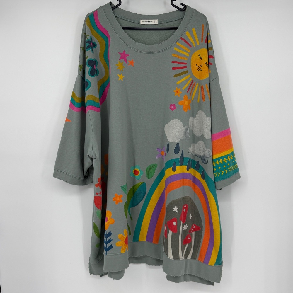 Natural Life Billie Oversized Sweatshirt Tunic Rainbow Mushroom Boho One Size